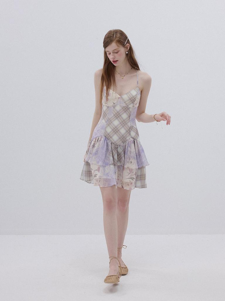 Sinseuden Lavender Floral Patchwork Mini Dress
