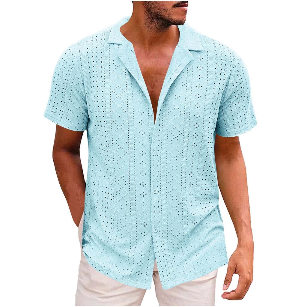 Men's Casual Fashionable Short-sleeved Shirt - Men's Mesh Fabric Lightweight And Breathable Retro Shirt