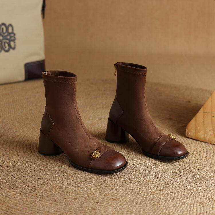 French retro splicing elastic thin boots women's autumn and winter new camellia round head thick heel short boots high heel Martin boots