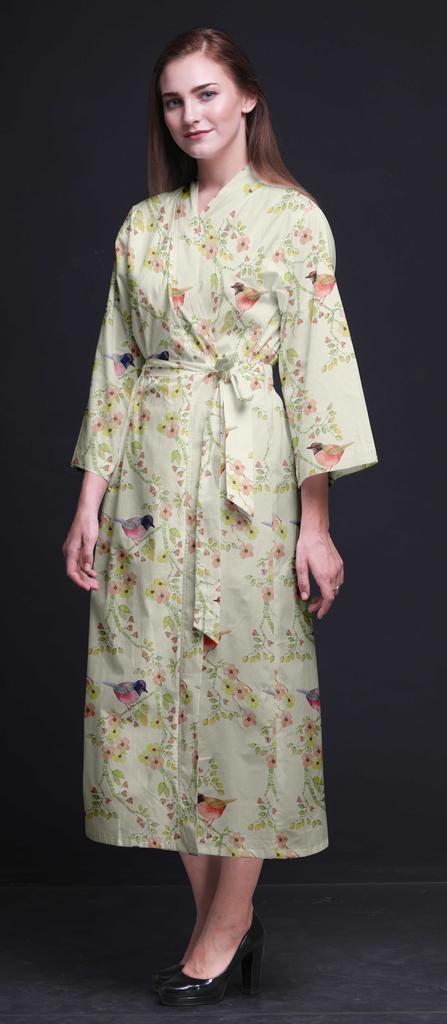 Bimba Light Purple Floral Leaves & Tazetta Daffodils Long Robes For Women Printed Bride Getting Ready Bridesmaid Robes Cotton Bathrobes
