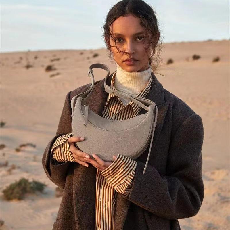French Niche Design Hobo Bag Fashionable Lychee Pattern Semi Round Women's Sling Bag Casual PU Leather Zipper Ladies Shoulder Messenger Bag Saddle Bag