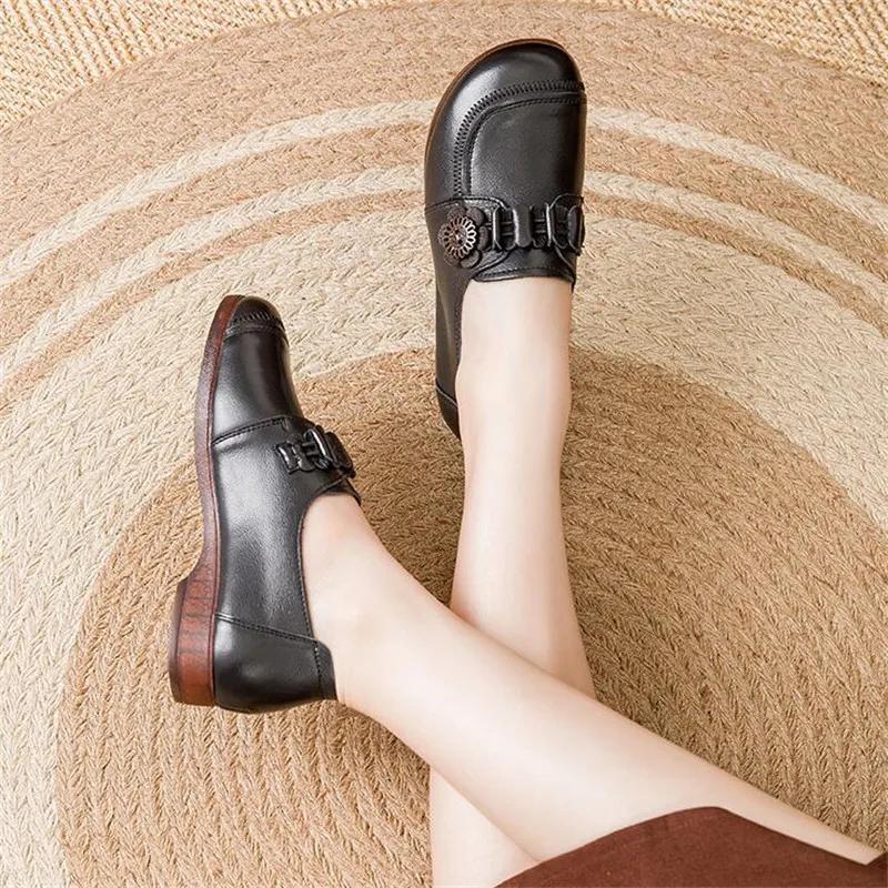 Fashion 2024 Woman Casual Round Toe Low Heeled Shoes Genuine Leather Flats Female Shoes Elegant Ballerina Soft Soled Flat Shoes