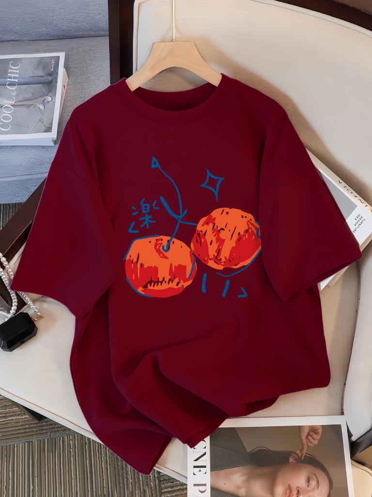 Cherry Illustration Prints Women T-Shirt Casual Sport Short Sleeve Breathable Summer T Shirt Cotton Street New Clothing