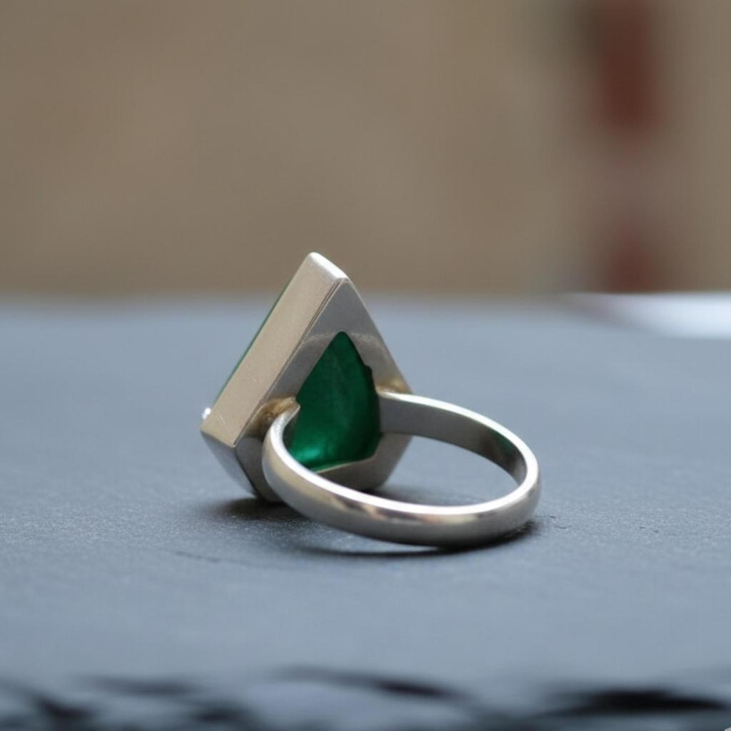 Trillion Shape Green Emerald Statement Ring, 925 Sterling Silver Jewelry, Minimalist Boho Ring