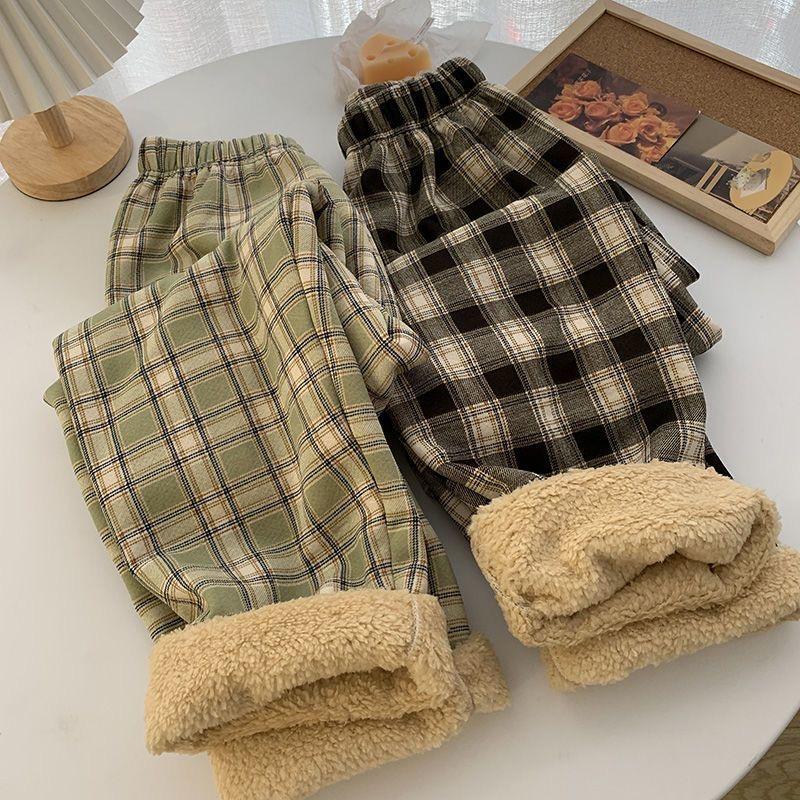 Winter Thick Plaid Pants Women Korean Fashion Warm Loose Wide Leg Trousers Student Y2K Causal High Waist Pants Outwear