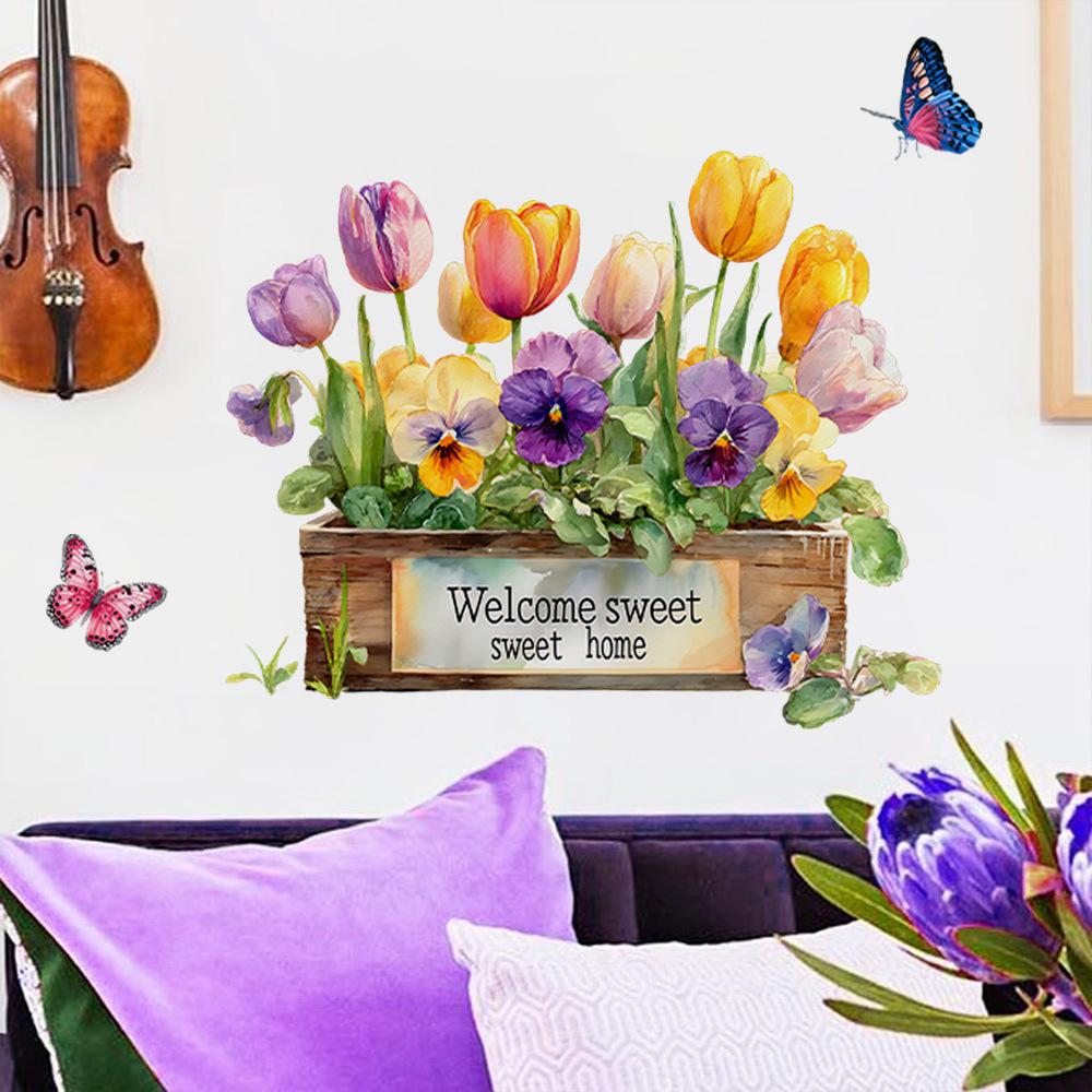 Samolepicí PVC skleněné samolepky Čerstvé rostliny Květiny Motýli pro dekoraci stěny obývacího pokoje