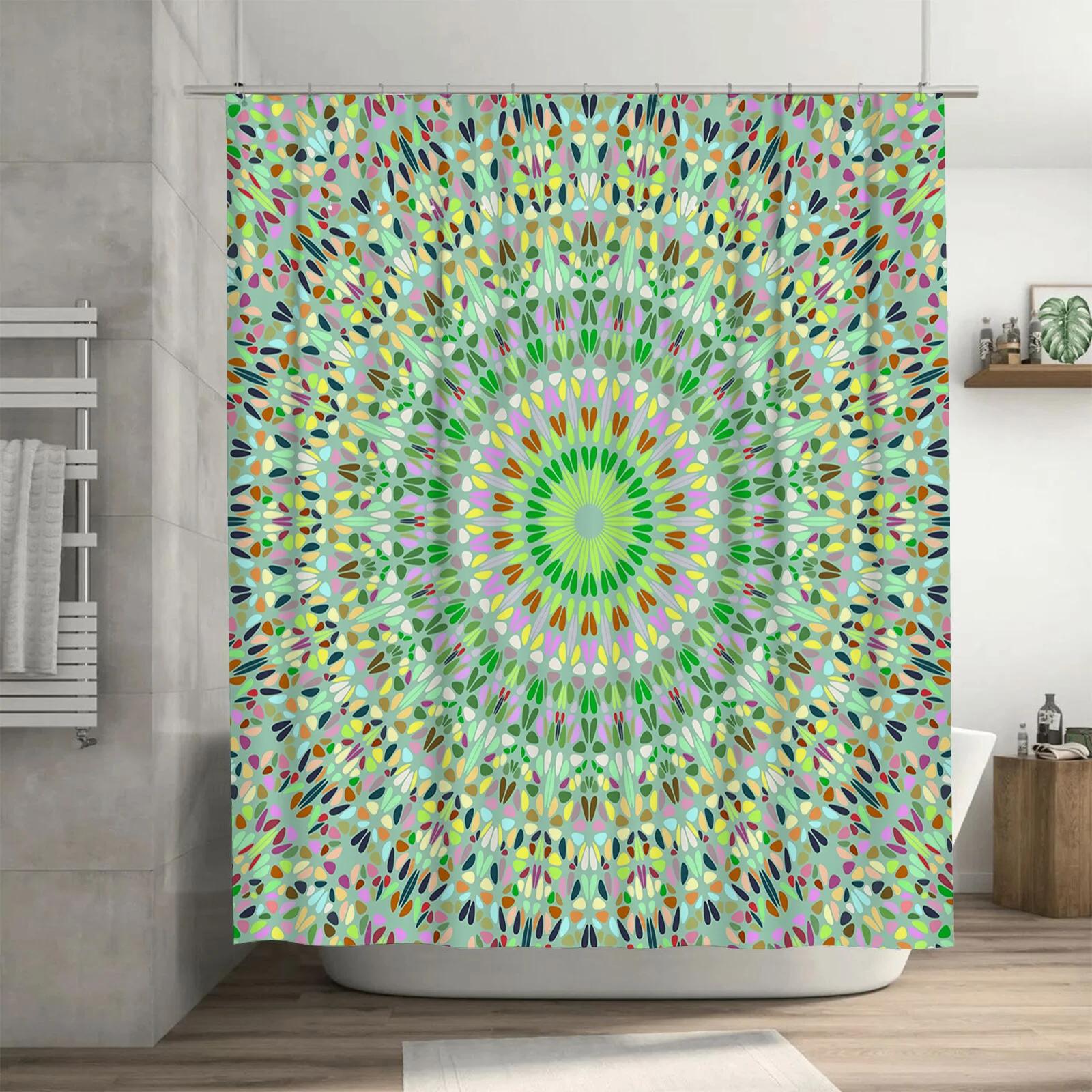 

Colorful Mandala Shower Curtainabstract Bathroom Decor With Green Floral Design Blue, Yellow Pink Geometric Print For Kids Bathr W60H190(CM)-1 Pcs