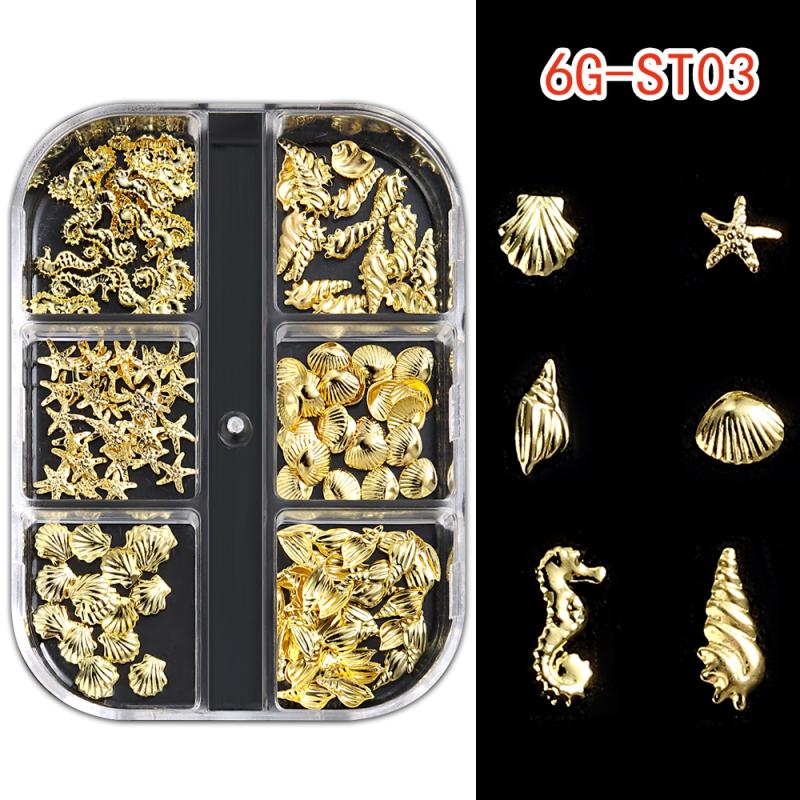 1 Box Metal Summer Ocean Nail Art Charms 3D Shell Starfish Seahorse Pearl Beads Alloy Nail Jewelry Mixed Manicure Studs Decor