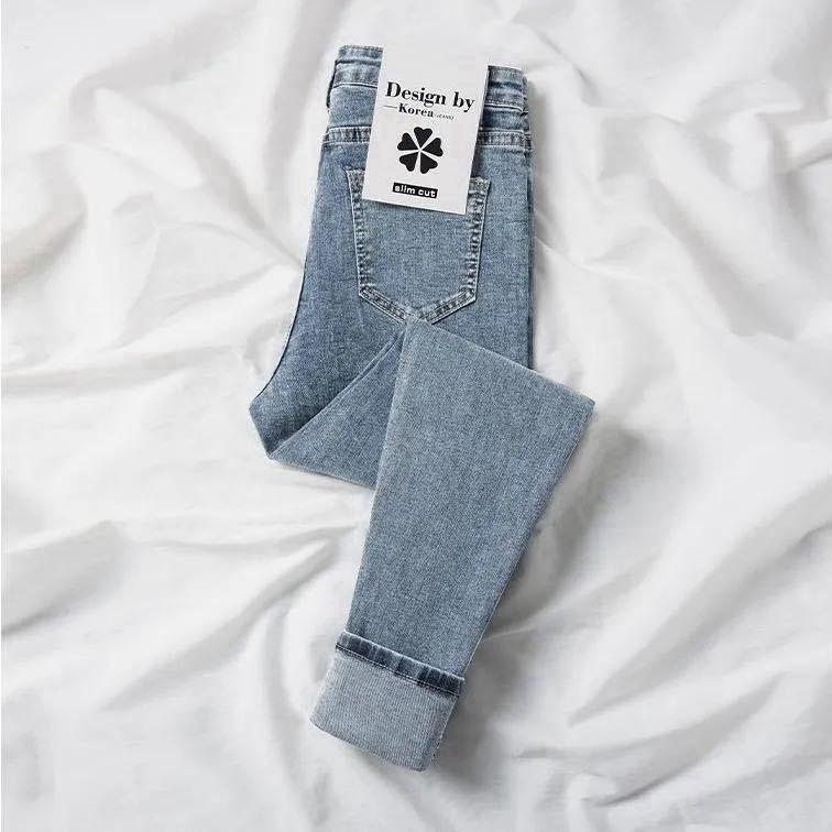 

Korean Style High-Waisted Elastic Denim Skinny Pants for Women - Slim-Fitting Nine-Point Pencil Design 25 светло-синий