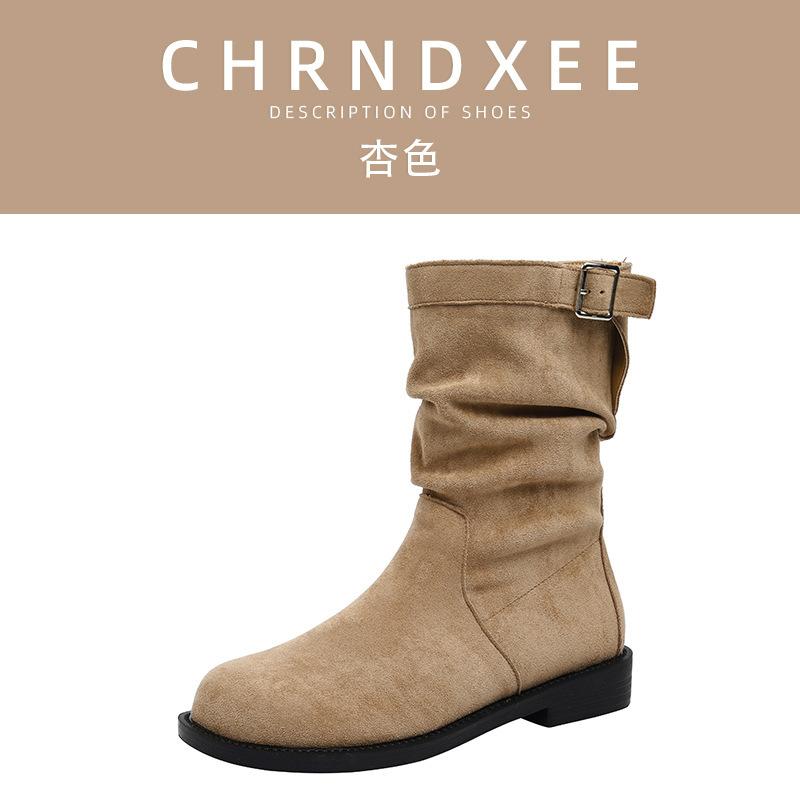 [Primary] Flat-bottomed short boots women s 2025 new autumn and winter super-fire stacking boots round head sleeve popular medium boots 34