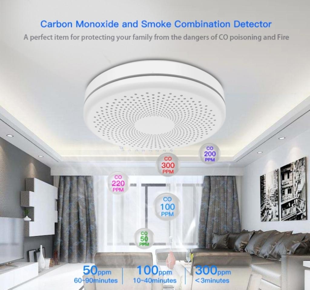 New 2in1 Version WiFi Tuya Smart Co & Smoke Detector Alarm Carbon Monoxide Parlor Room Kitchen Shop Fire PIR Sound Sensor Alert