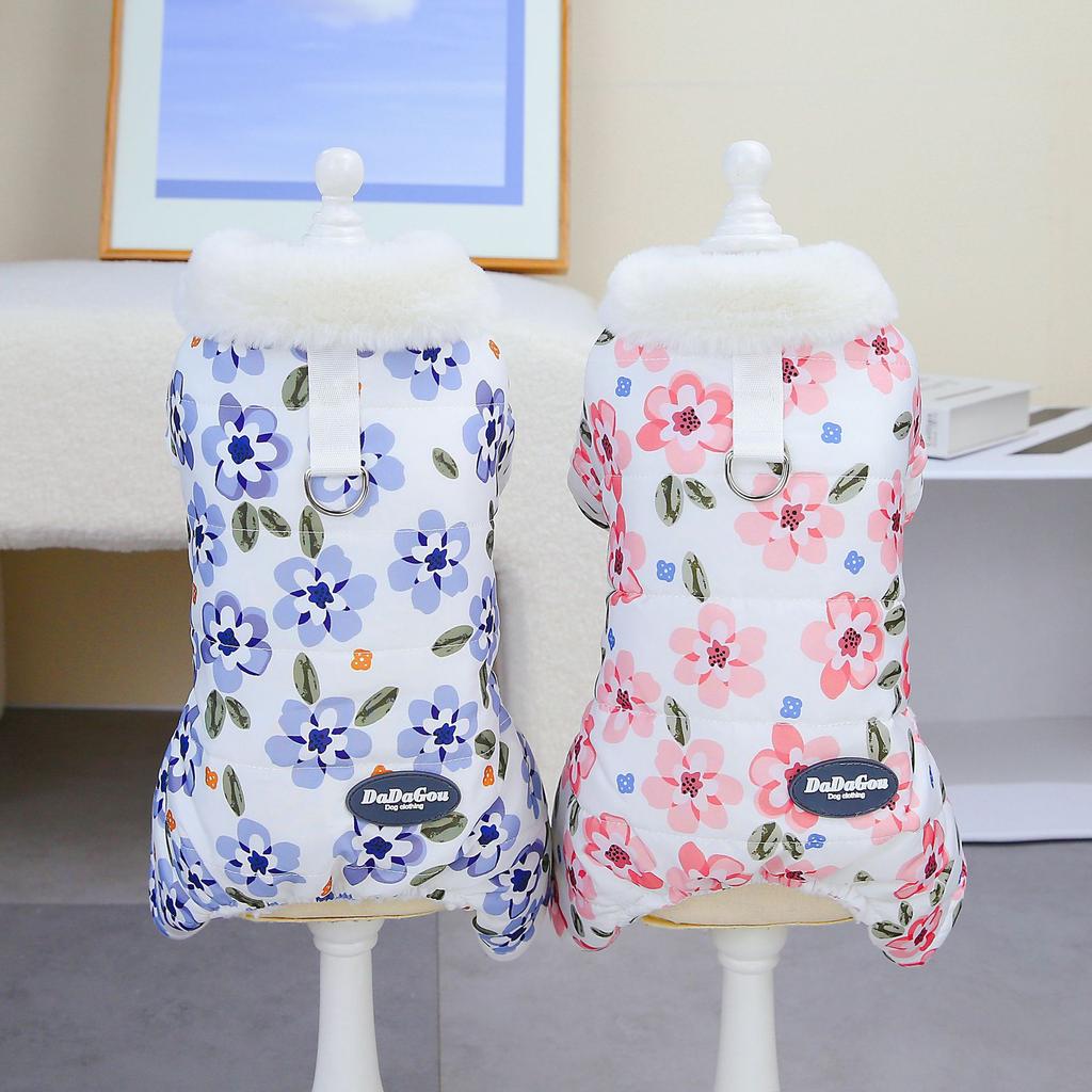 Winter Warm Dog Clothes Autumn and Winter Flower Pet Clothing Teddy Pet Clothes Four Legs Cotton Clothes Dog Outdoor Warm Apparel