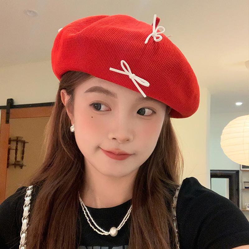 Bow Beret Red Painter Hat Uv Protection Breathable Female Lightweight Style