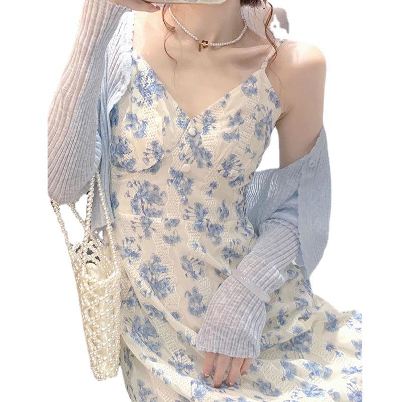 French First Love Senior Sense Of Blue Floral Halter Dress Children Fried Street Set Spring And Summer