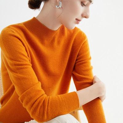 Women's Seamless 100% Wool Long-Sleeve Sweater with Semi-High Neck for Autumn/Winter