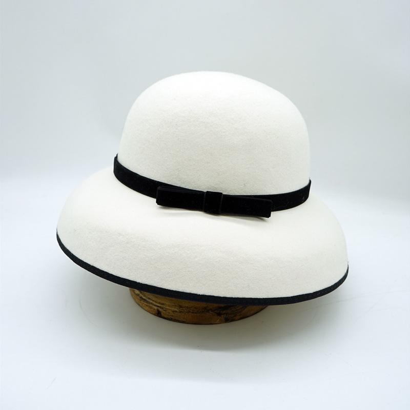 Hepburn Elegant Bow White Black Edge French Bell Hat Women'S Autumn And Winter Woolen Felt Retro Top Hat Tide