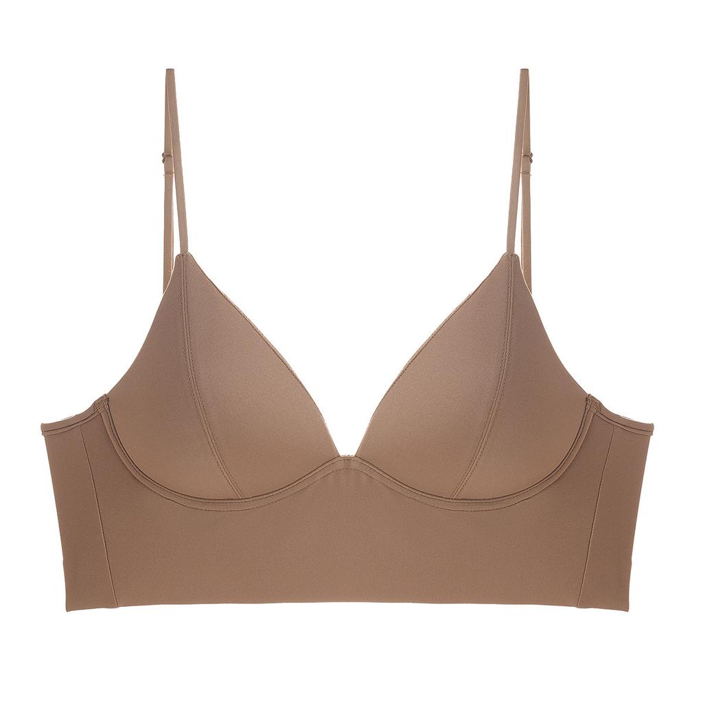 Summer Popular Glossy Solid Color French Triangle Cup Bra Women's Thin Shoulder Straps Deep V Low Neck Light and Seamless Bra Cover