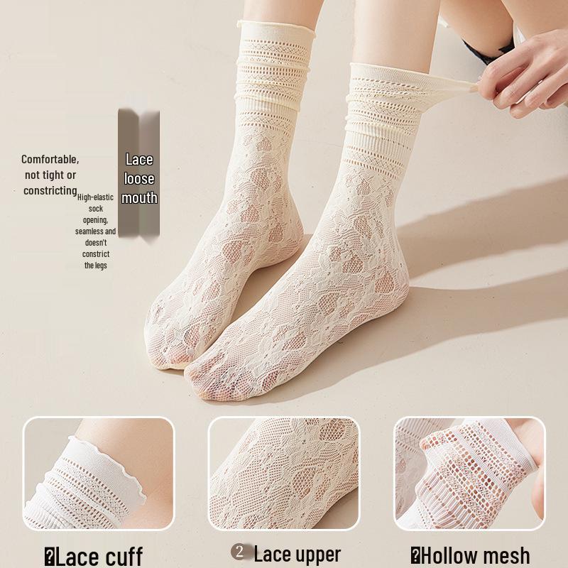 Women's White Scrunch Socks: Summer Thin Style with Lace Trim, Breathable Mesh, Frilly Edge, Mid-Calf Length.