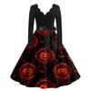 Women Long Sleeve V Neck Casual Dress Halloween Print Vintage Style Fit and Flare Midi Dress with Waist Tie Belt