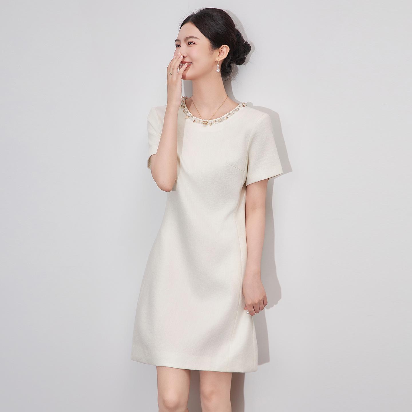 

Diamond-Embellished Waist-Defining Linen Blend Dress - French Chic Women s Summer Style S абрикосовий/білий