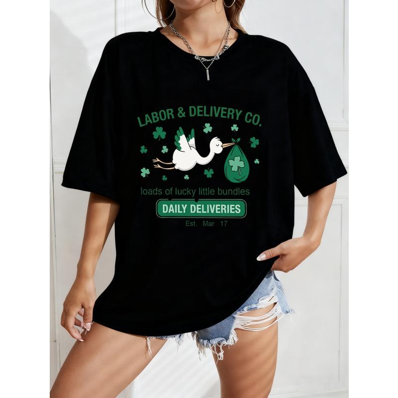 

Oversized T-Shirt with Green Stork & Clover Print – LABOR & DELIVERY CO. Fun Lucky-Themed Top XXXXL чорний
