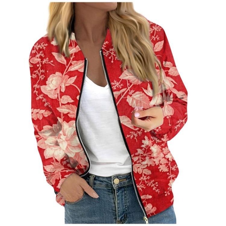 Fashionable Women Long Sleeve Casual Jacket Floral Leaf Print Round Neck Zipper