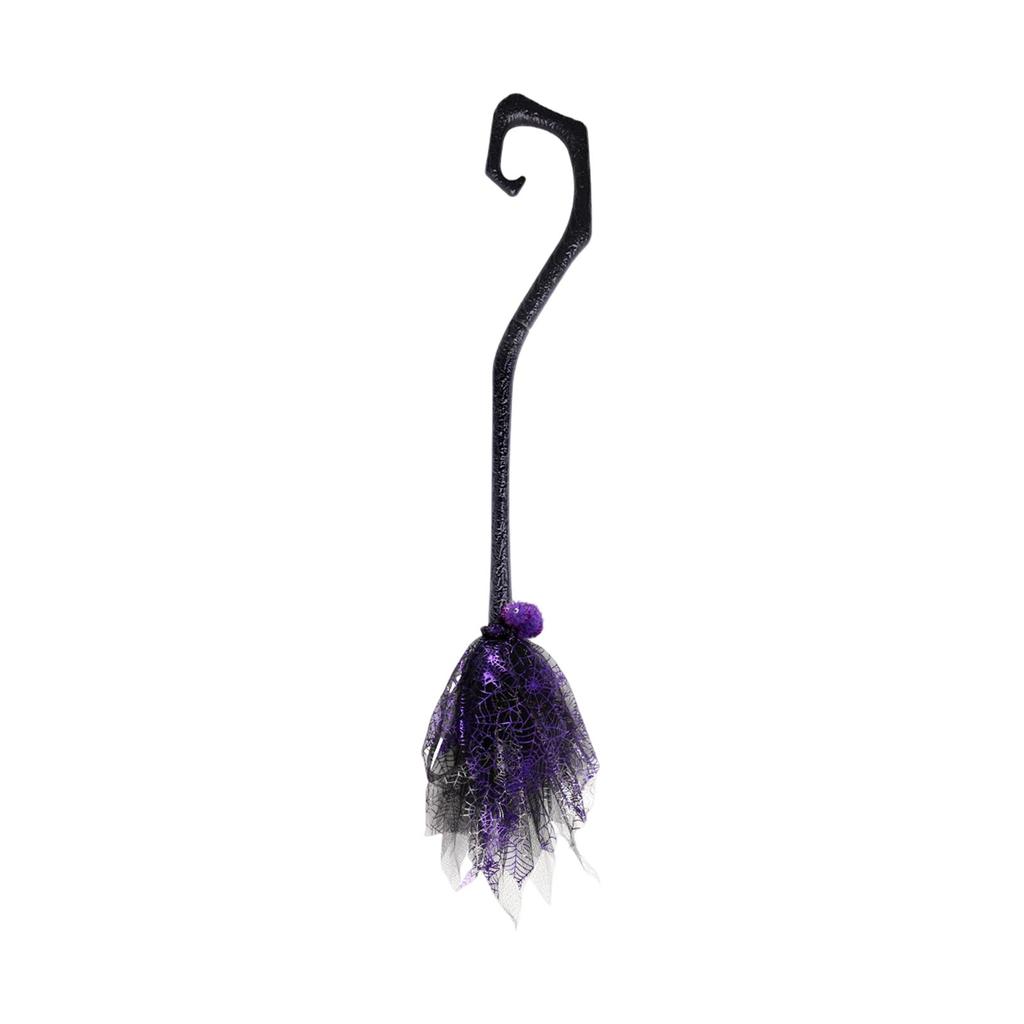 Witch Broomstick Prop with Mesh Netting and Curved Handle for Costume Party