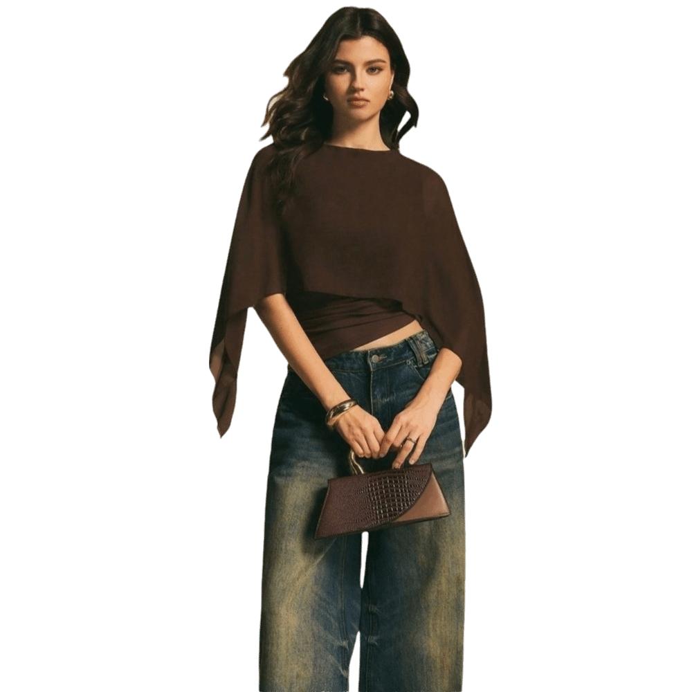 

Slim Fit Irregular T-Shirt Round Neck False Two-Piece Tops Cape Sleeve Top Commuting M
