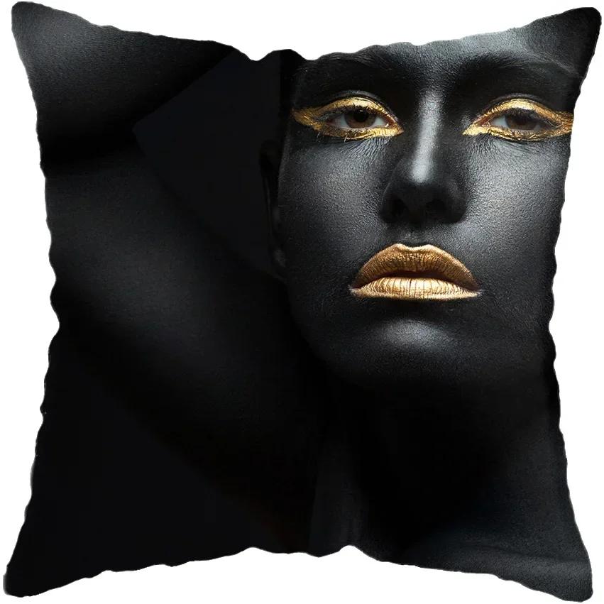 Modern Living Room Black Gold African Lady Woman Style Look Art Deco Sofa Pillowcase Cushion Cover