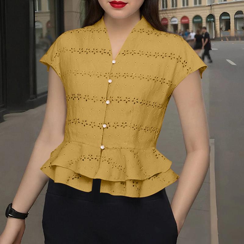 

ZANZEA Женская повседневная блузка с V-образным вырезом, коротким рукавом, ажурной вязкой и лоскутным узором 3XL жёлтый