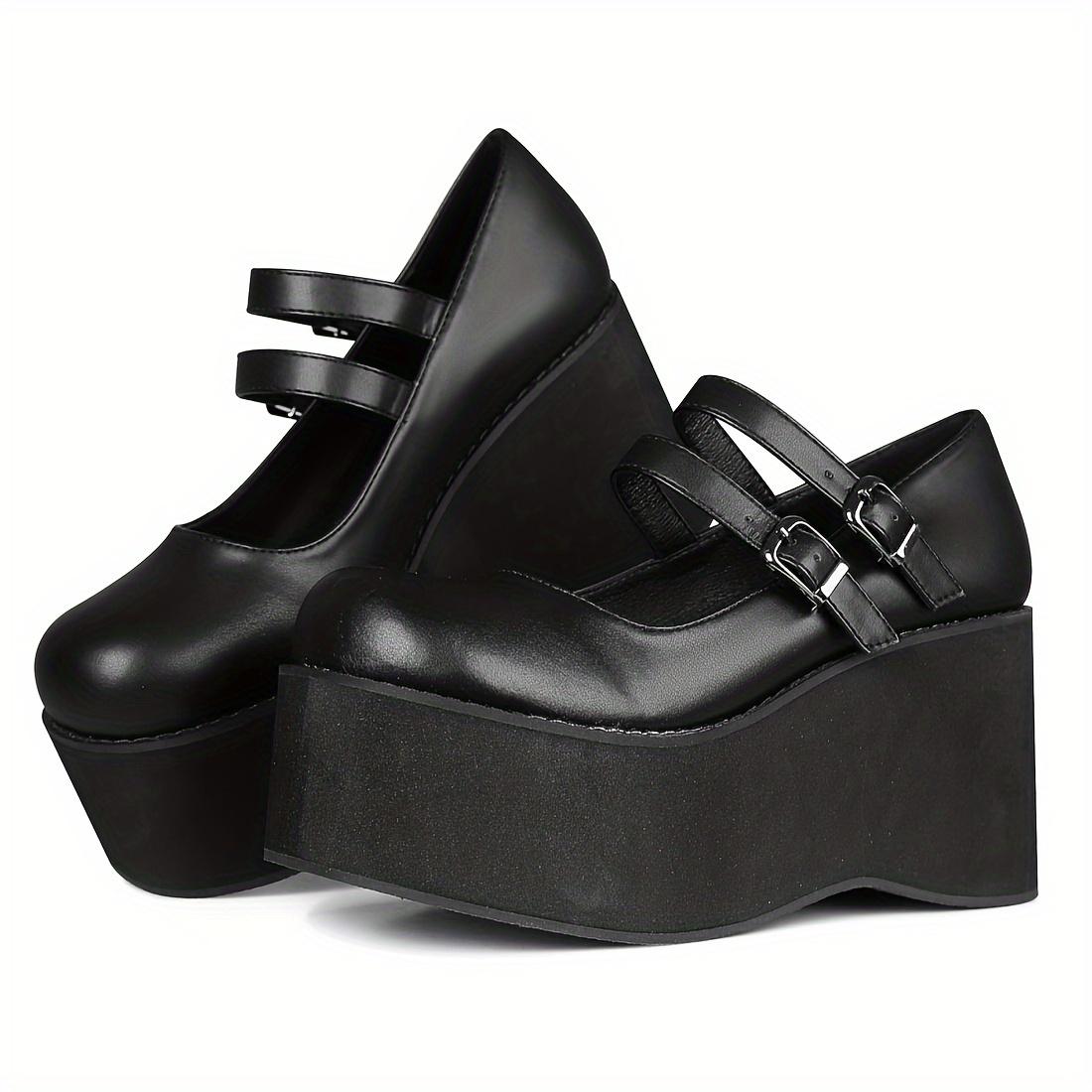 

Женские готические туфли на танкетке - прочная платформа 2000 года, регулируемые ремни с двумя пряжками, идеально подходят для вечеринок и торжественных мероприятий 39