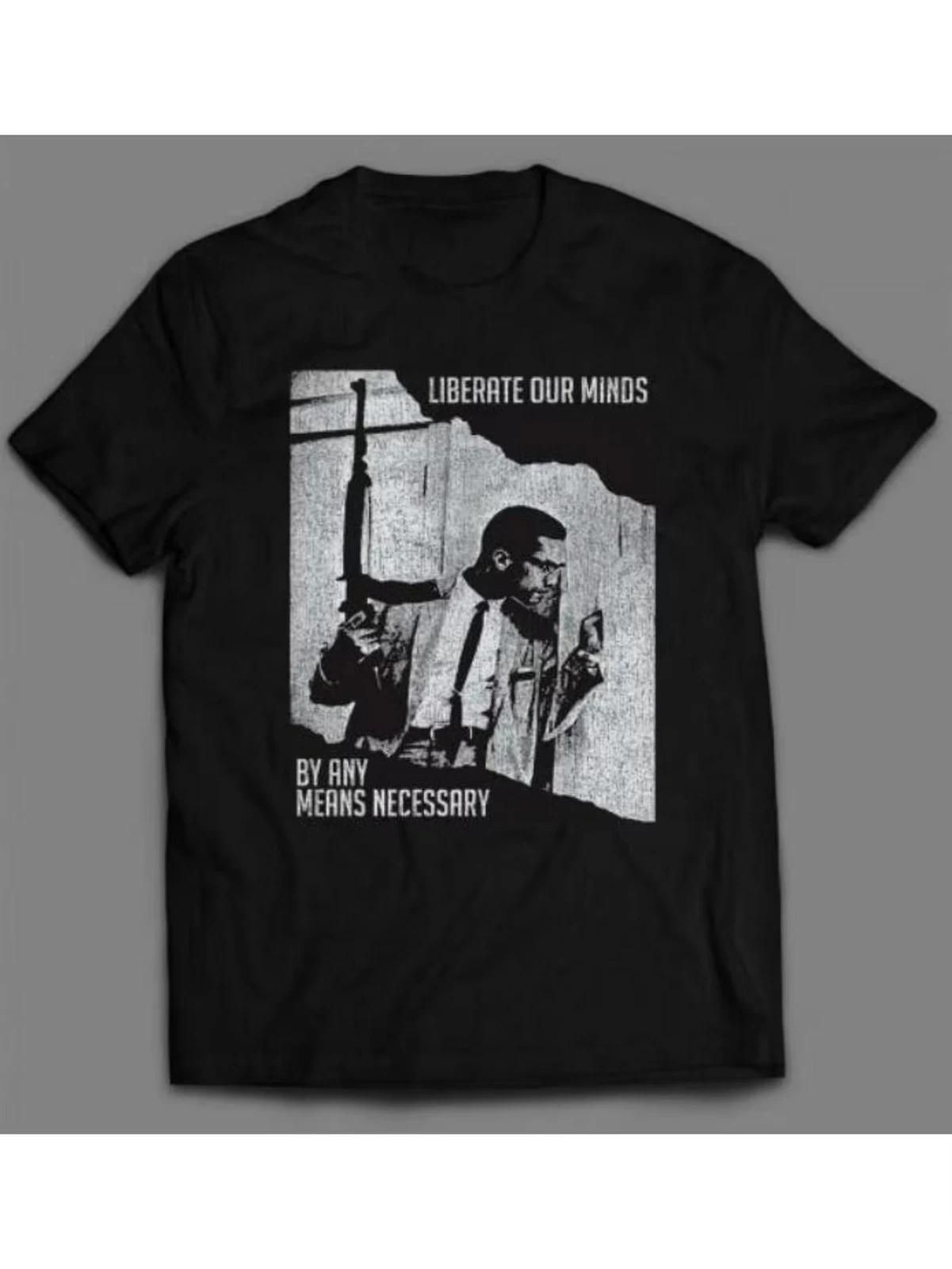 Mens Malcolm X Graphic T-Shirt - Liberate Our Minds Design, Black Cotton Crew Ne L