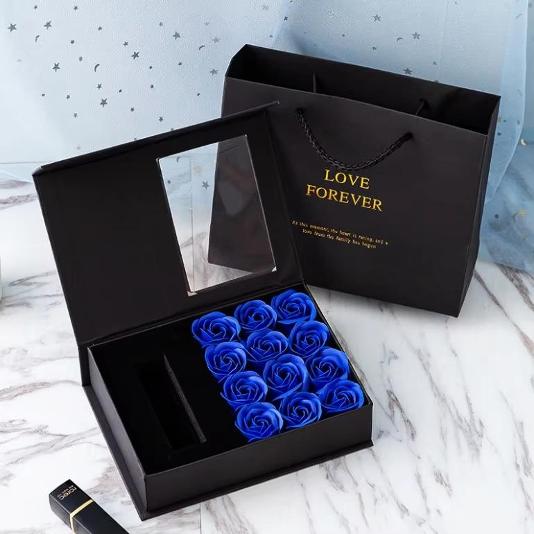 Jewelry Gift Box with Lids, Preserved Rose Jewelry Set Gift Box, Velvet Romantic Valentines Packaging Box with 12 Roses for Valentines Day Mothers Day
