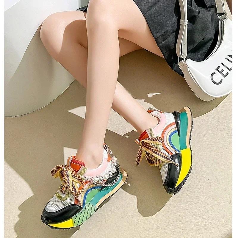 Neue vulkanisierte Damenschuhe mit schillernder Perlenkette und Schnürung, Plateau-Sneakers für Damen, Zapatos De Mujer, Damenschuhe