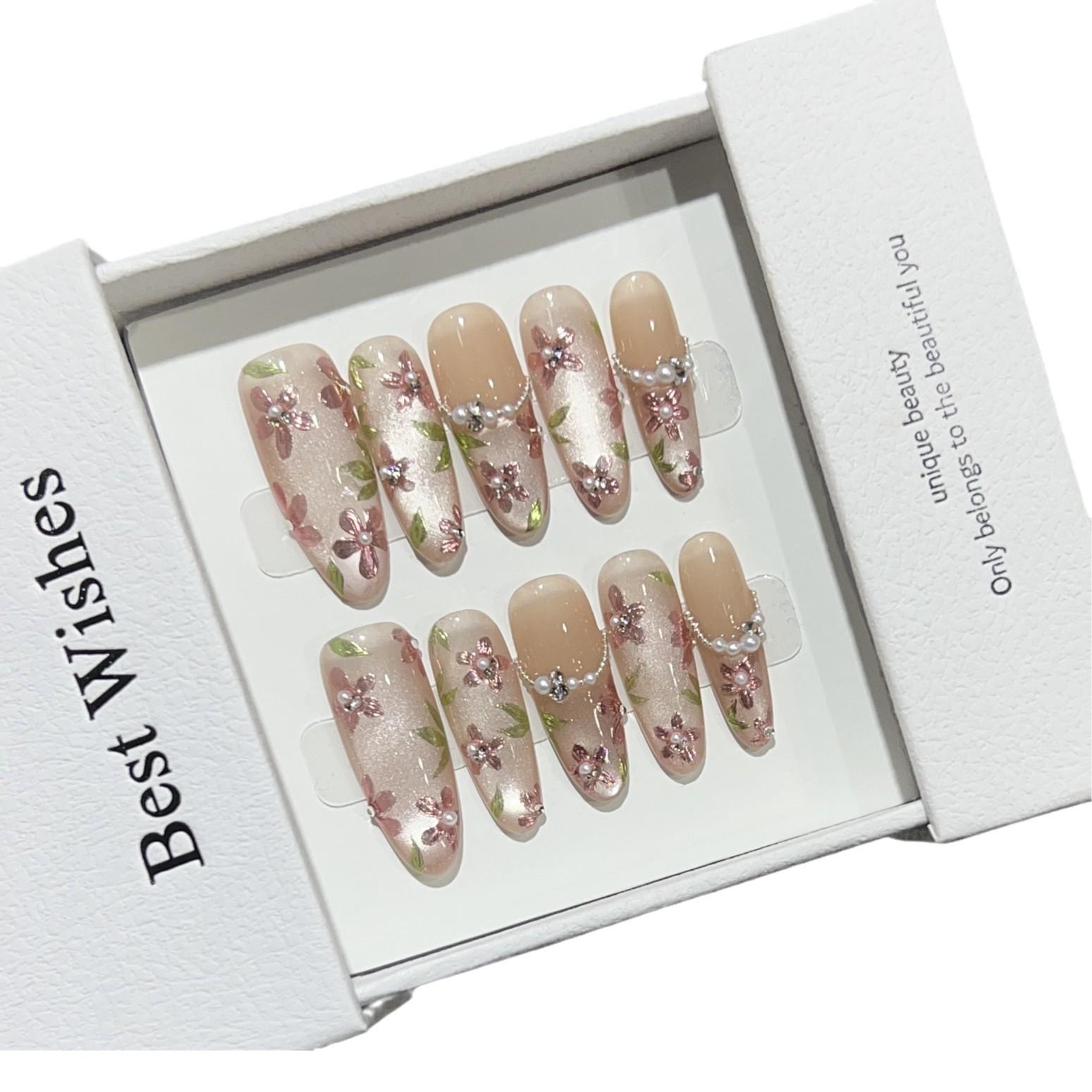 

Плетёная броня ручной работы с высококлассным нюдовым цветом, французский лёд, прозрачный кошачий глаз, ручная роспись, волшебное зеркало, маленький цветок, жемчуг, маникюр, съёмная накладка для ногтей large L