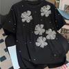 Neues, großes, strapazierfähiges Damen-T-Shirt mit Stickerei und Paillettenblume für den Sommer, lockere und figurschmeichelnde Passform