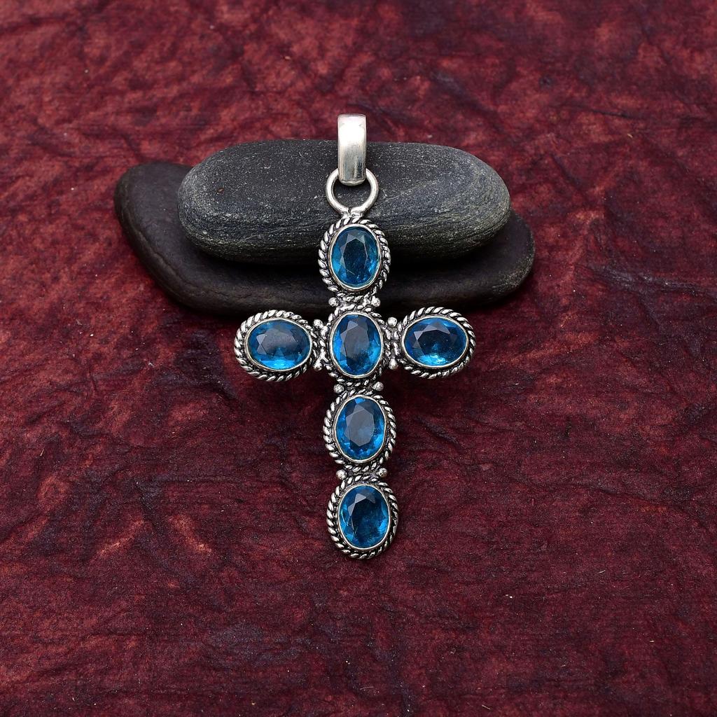 Blue Topaz Gemstone Cross Shape Pendant : 925 Sterling Silver Handmade Jewelry Pendant