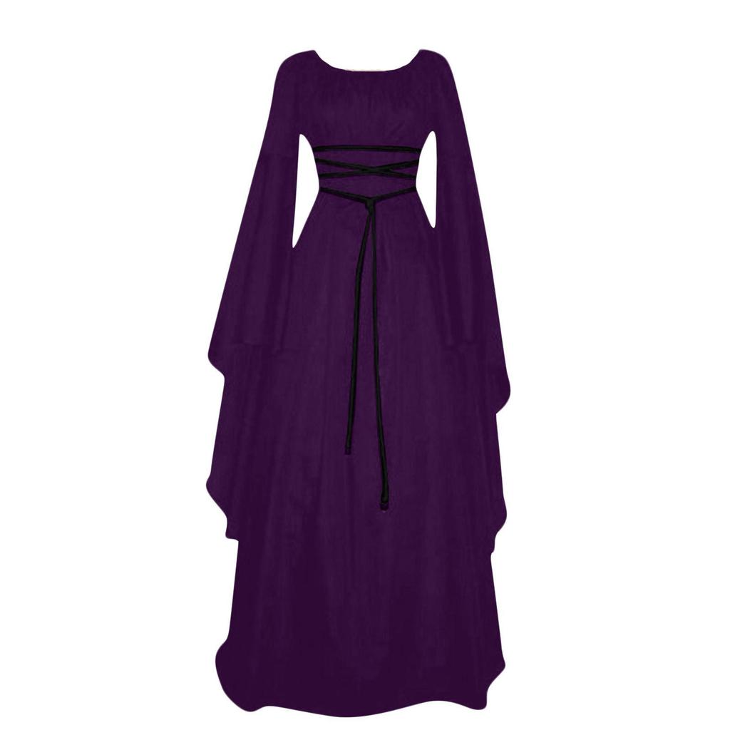Dámský halloweenský kostým s dlouhým rukávem, kulatým výstřihem, šněrováním v pase, nepravidelné šaty, středověké retro elegantní večerní šaty