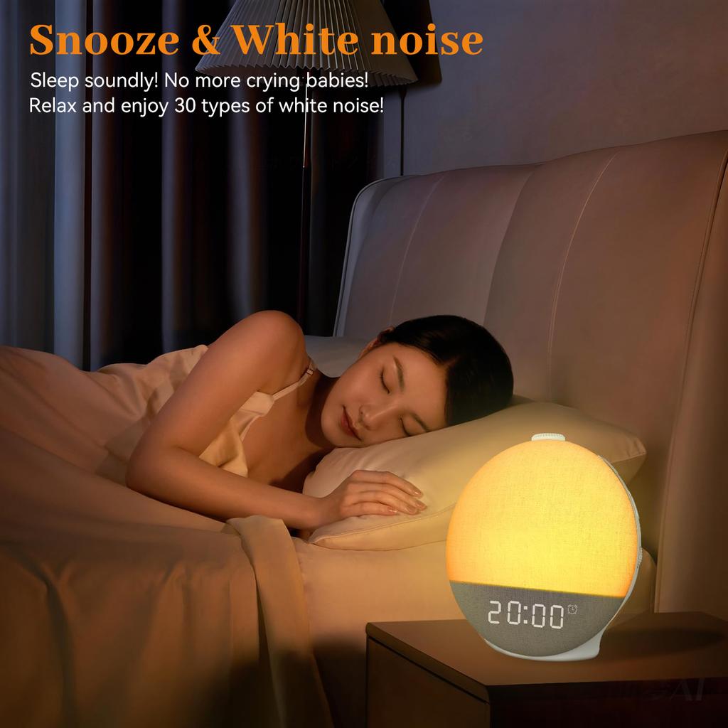 Sunrise Alarm Clock Dimmable Night Light with 30 Soothing Sounds White Noise Machine Wake Up Light,for Kids Adult Bedroom Clock