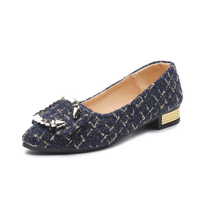 Fashion Thick Heeled Women's Shoes 2024 New Fully Equipped Pointed Flat Shoes Houndstooth Metal Decoration Shallow Mouth Middle Heel