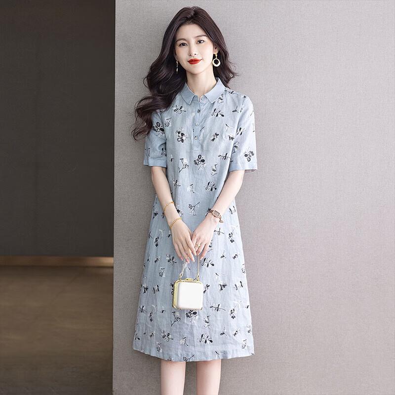 Women's Printed Linen Lapel Midi Dress