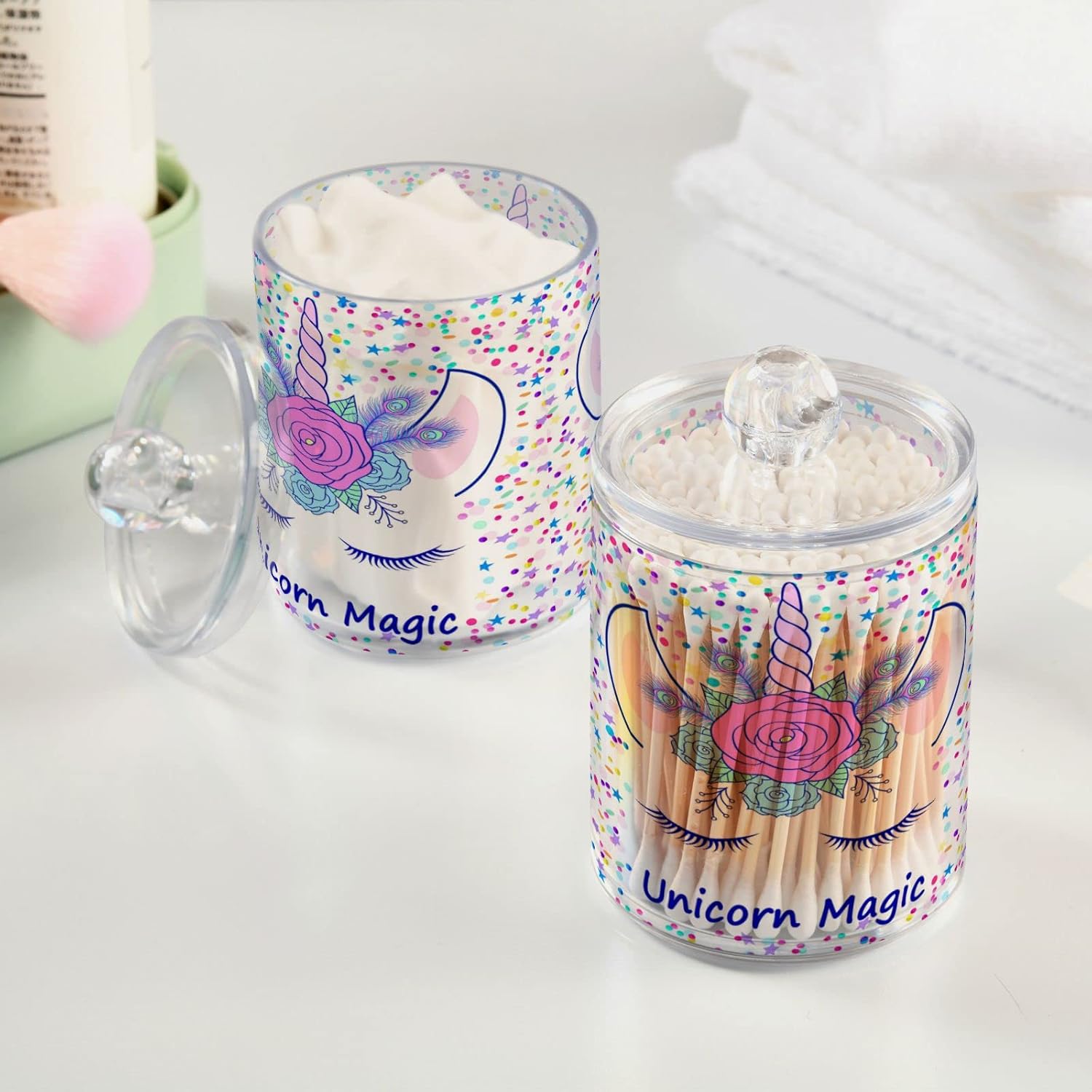 

Набор банок для ванной из 2 штук, Магия единорога Тиара Прозрачные пластиковые банки Держатель Диспенсер Фермерский дом Хранение сахара Столешница с герметичными крышками, Кухня