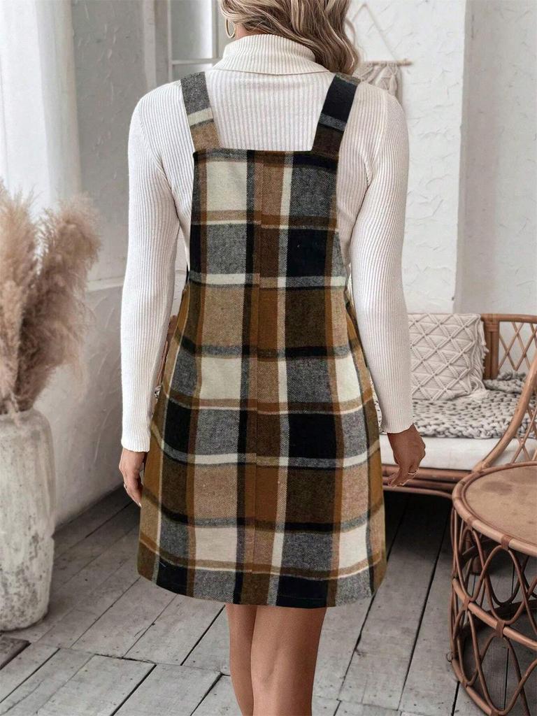 Women's Casual Plaid Overall Dress with Pockets
