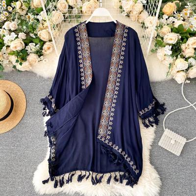 Women Long Kimono Shirt  Holiday Sunscreen Blouses   Ethnic Bohemian Vintage Embroidery Loose Cardigan Tops