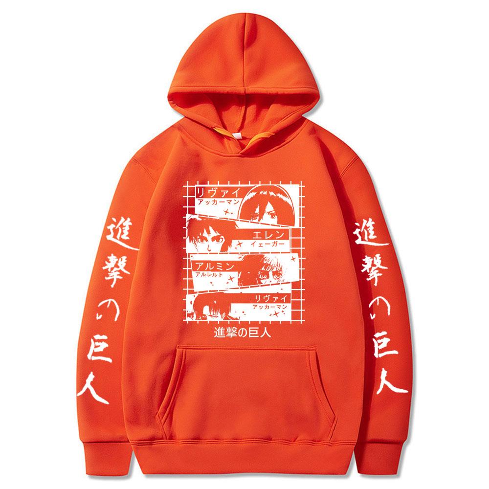 

Толстовка с капюшоном «Атака Титанов» в стиле аниме Леви Акерман Эрен Йегер Графический мужской модный пуловер с длинным рукавом Свободные толстовки с капюшоном Harajuku унисекс 4XL оранжевый