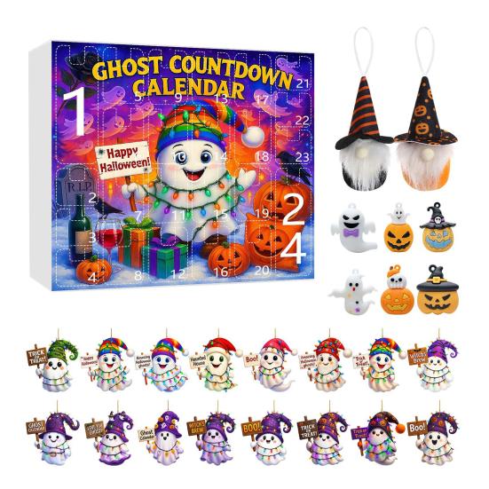 Halloween Advent Calendar 2025 24 Day Countdown Calendar with Acrylic Ghost/Gnome/Pumpkin Ornaments for Indoor Outdoor Home Party Decor