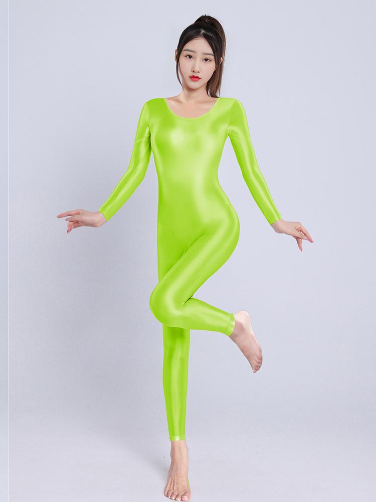 Sexy Women Yoga Shaper Dance Wear Oil Glossy Shiny Elastic Bodysuit Sheer See Through Satin Shapping Maid Tights Candy Color