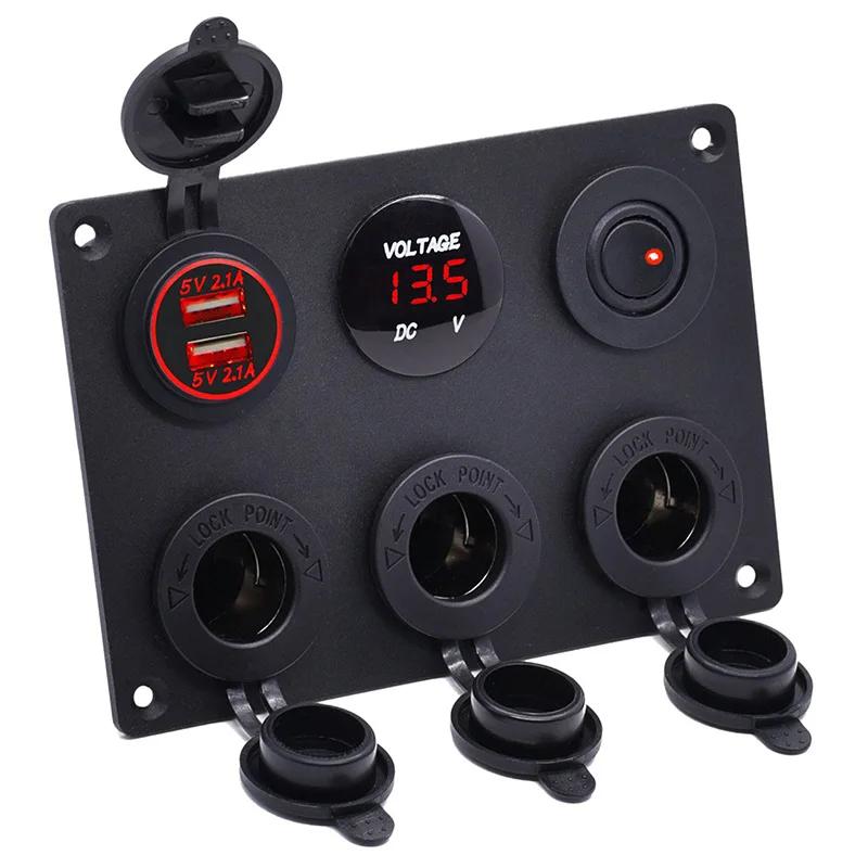 12V Multi-Functions Power Panel Cigarette Lighter Dual USB Charger Digital Voltmeter Socket Plug with Toggle Switch for RV Yacht