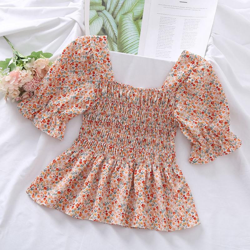 Broken Flower Sweet Puff Sleeve Women Blouse Slim Elastic Waist Square Neck Short Sleeve Top Lace Bow Decoration Fairy Casual