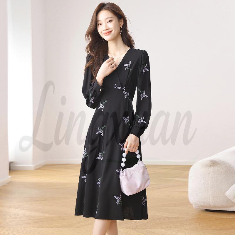 2026 Early Autumn Women s French Style Black Long Sleeve Maxi Dress - Elegant High Waist Slimming Design XXL чёрный